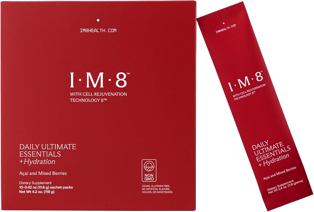 IM8 Daily Ultimate Essentials All-in-One Multivitamin Supplement, 92 Nutrient Rich Ingredients CoQ10, Probiotikoak, Bitaminak, Berdeak, Gluten Free, Vegan, Acai Mixed Berry (10 Zerbitzu, Bidaia-paketeak)