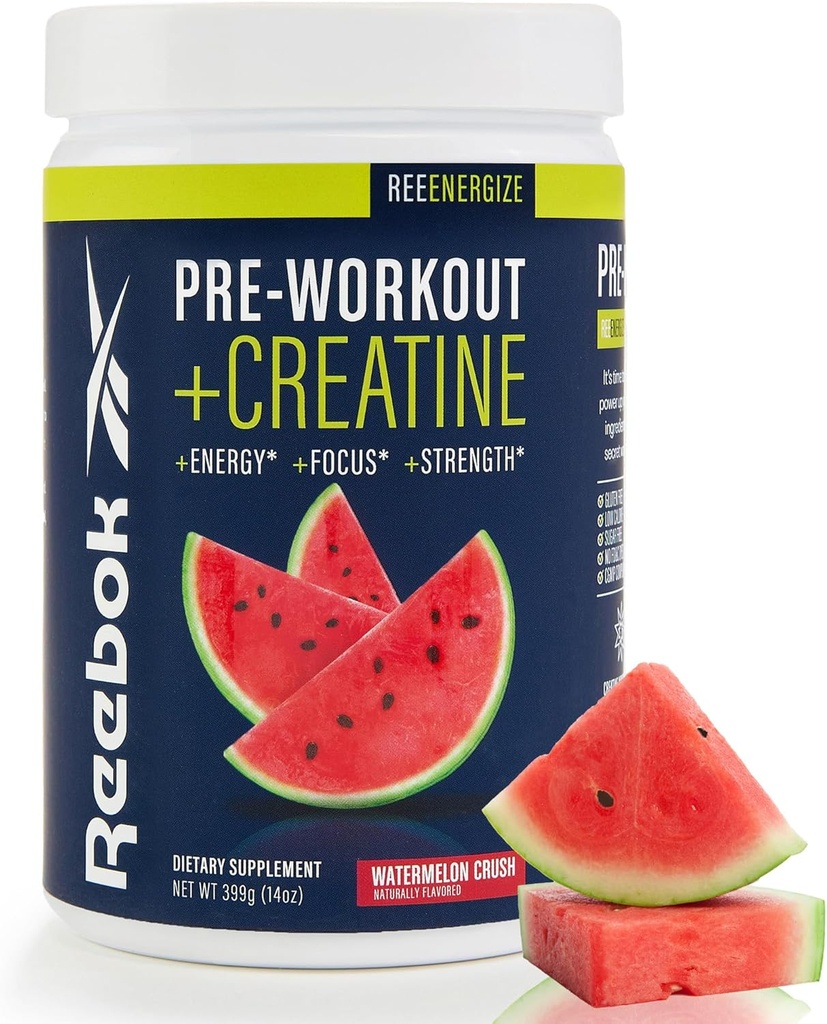 Reebok Pre-Workout Powder | 200mg Natural Caffeine, 3g Creatine Monohydrate | 고강도, 초점 및 펌프를 위한 청정 에너지 사전 운동 | Informed-Sport 인증 | ReeEnergize | Watermelon Crush