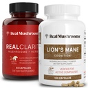 Real Mushrooms RealClarity (60ct) and Lions Mane (120ct) Capsules Bundle - Mushroom Supplement for Brain Health, Mental Clarity, Focus, Cognition & Immune Support - Brain Vitamins w/Ashwagandha