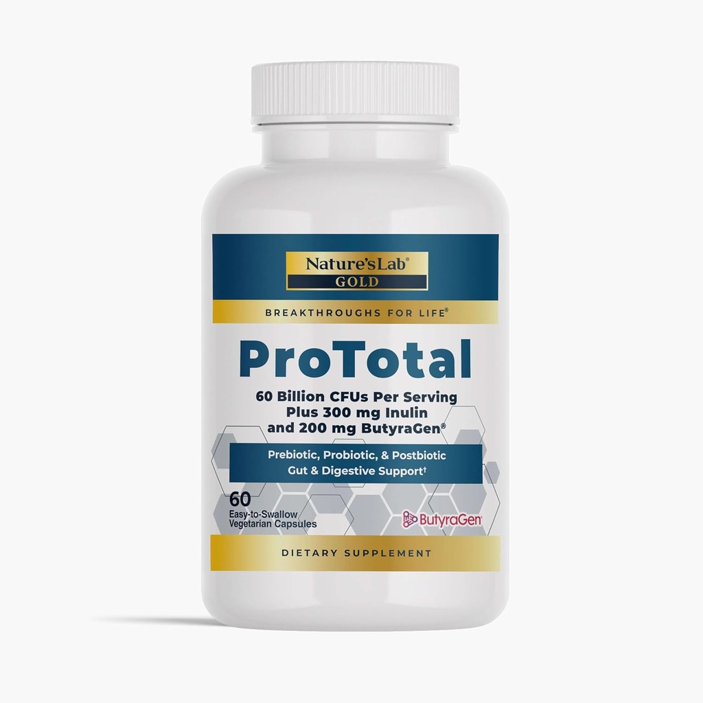 Nature's Lab Gold ProTotal - 60 mila milioi CFU Probiotikoak, Prebiotikoak, Postbiotikoak, Synbiotikoak - Butyragen-ekin (Direct Butyrate Generator) 60 Ct