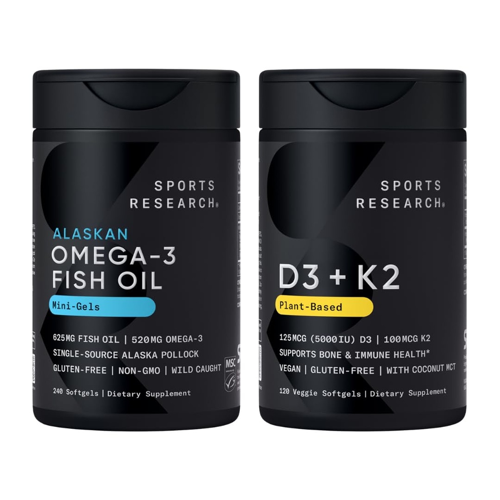 Sports Research® Multivitamin Pack - Omega-3 Fish Oil Mini Gels 625mg and Vegan Vitamin D3 5000iu & Mk7 Vitamin K2 100mcg for Heart, Brain & Immune Support