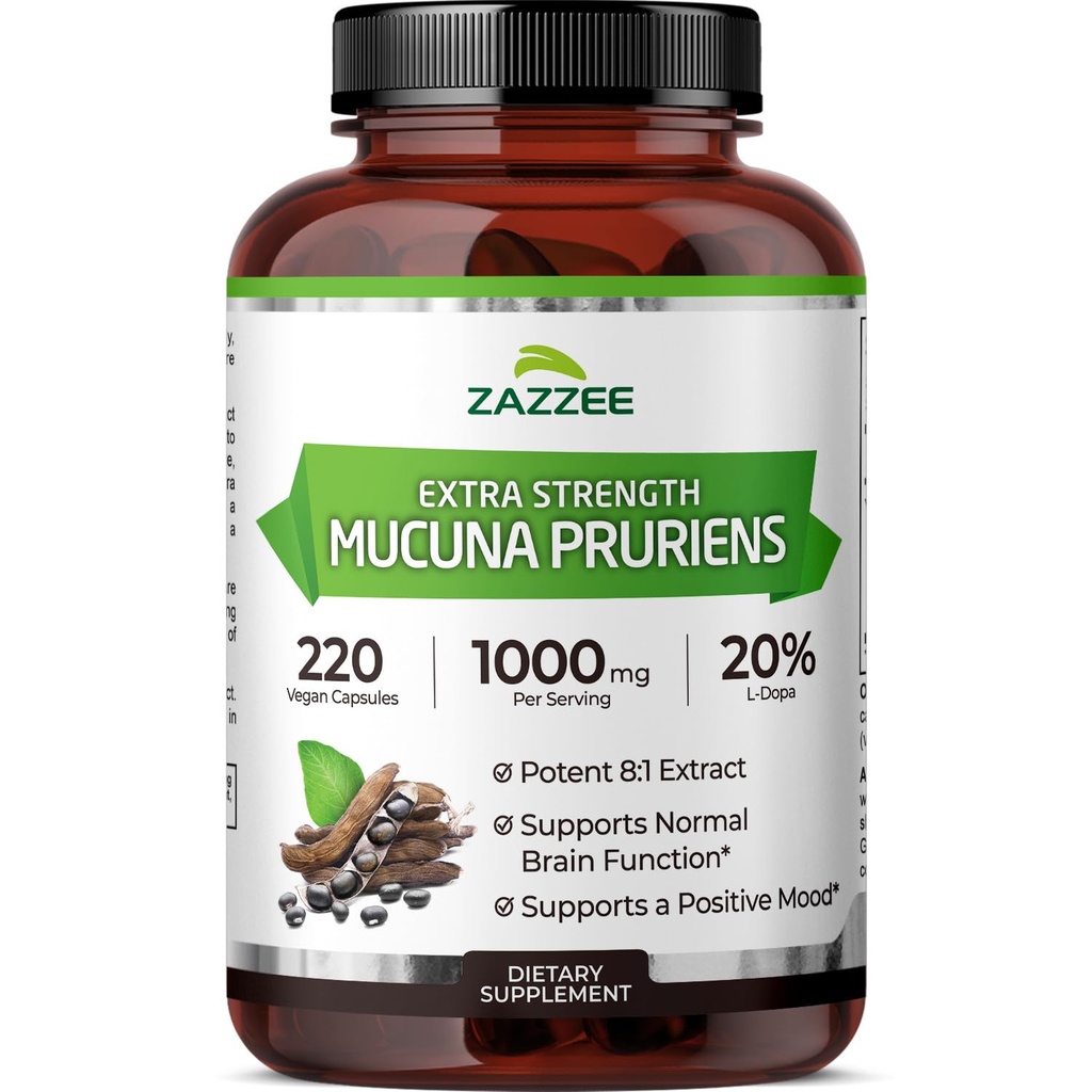 Zazzee Extra Strength Mucuna Pruriens 8:1 Extract, Minimum 20% L-Dopa, 1000 mg, 220 Vegan Capsules, 110 Day Supply, Concentrated and Standardized 8X Extract, 100% Vegetarian, All-Natural and Non-GMO
