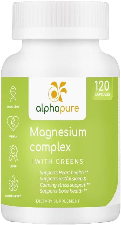Magnesium Complex met Greens, Magnesium Glycinate, Magnesium Gluconaat en Magnesium Malate Voorzien 250 mg Elemental Magnesium Per Serving, Derde Getest. Plus Five Greens Rich in Magnesium