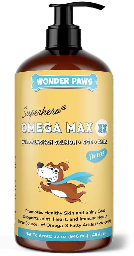Wonder Paws Fish Oil for Dogs - Omega 3 for Dogs from Alaskan Salmon, Cod & Krill Oil - EPA DHA Fatty Acids - Less Shedding & Itching - Skin, Joint, Immune & Heart Health - Liquid Supplement (32 oz)