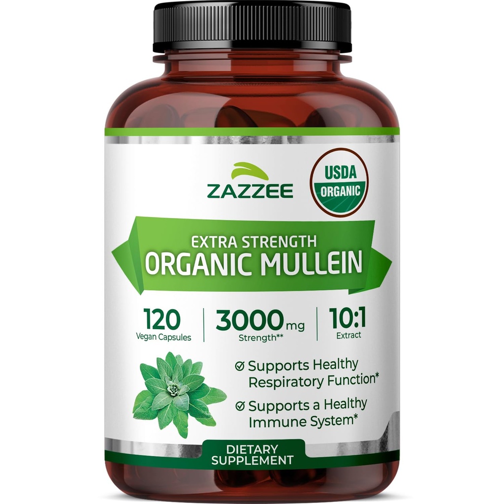 Zazzee USDA Organic Mullein Leaf 10:1 Extract, 120 Vegan Capsules, 4 Month Supply, Verbascum Thapsus, Respiratory & Lung Support, Organic Herbal Supplement, All-Natural, Non-GMO, Made in the USA