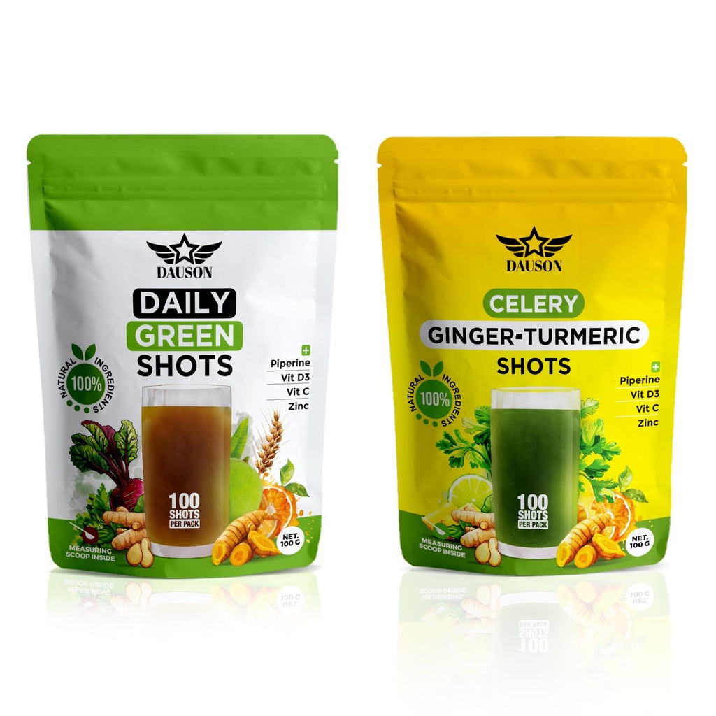 Daily Green & Ginger Turmeric Shots – 100 Servings – Superfood Blend with Wheatgrass, Matcha, Beetroot, Ashwagandha, Celery, Inulin, Lemon, Pineapple, Vitamin C, D3 & Zinc | Vegan Wellness Drink Powde