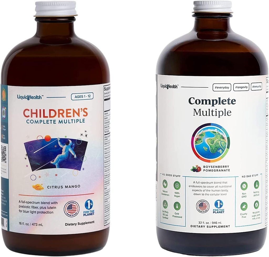 LIQUIDHEALTH Adult Complete multiple & Children's Complete multiple Daily Liquid Multivitamin Sche for Family - Support General Health, Boost Immune System - Made in USA, Whole Foods, Vegan, Non-GMOMO