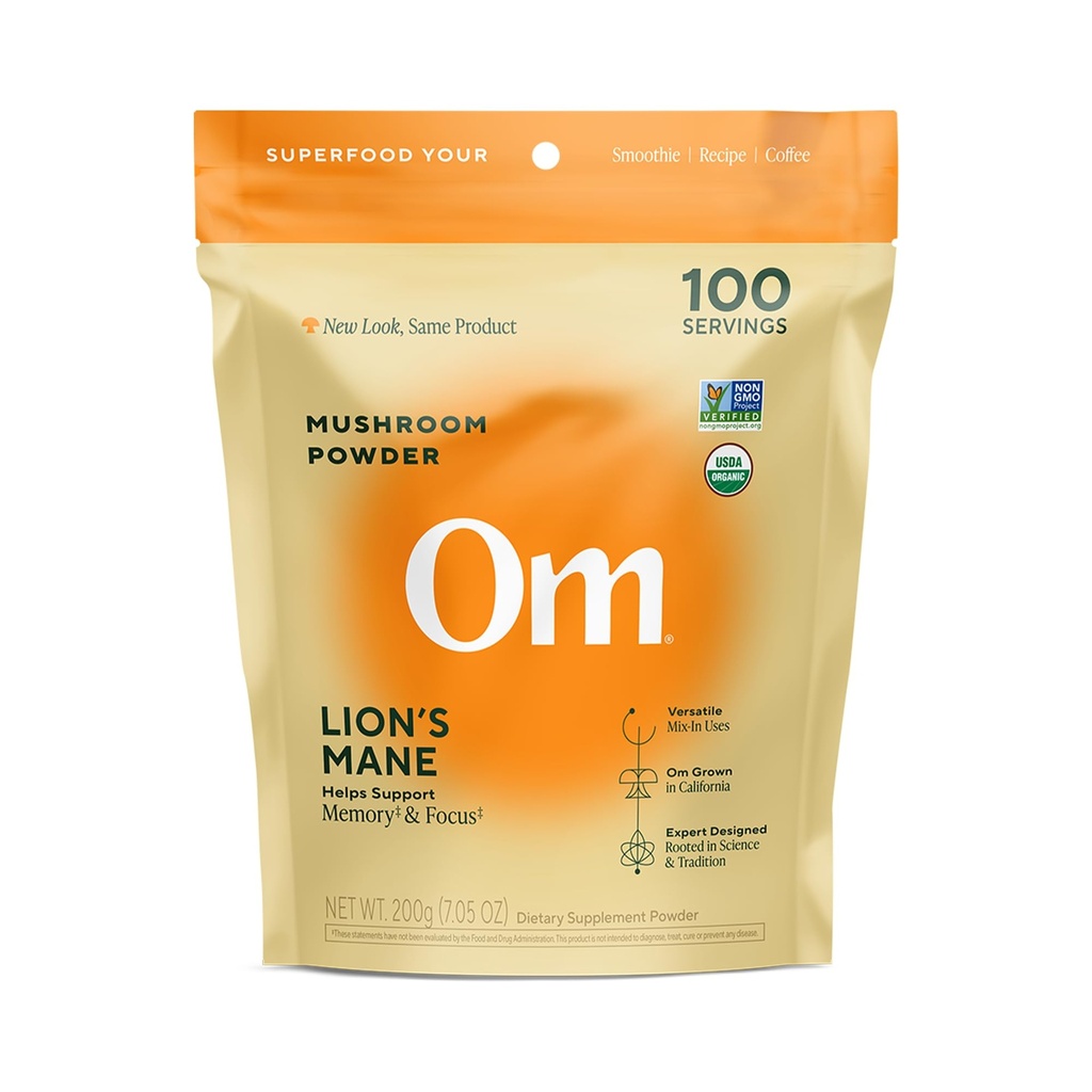 Om Lion’s Mane Mushroom Powder - Organic Mushroom Supplement and Nootropic - Support Memory, Focus and Nerve Health, 7.05 oz (100 Servings)​
