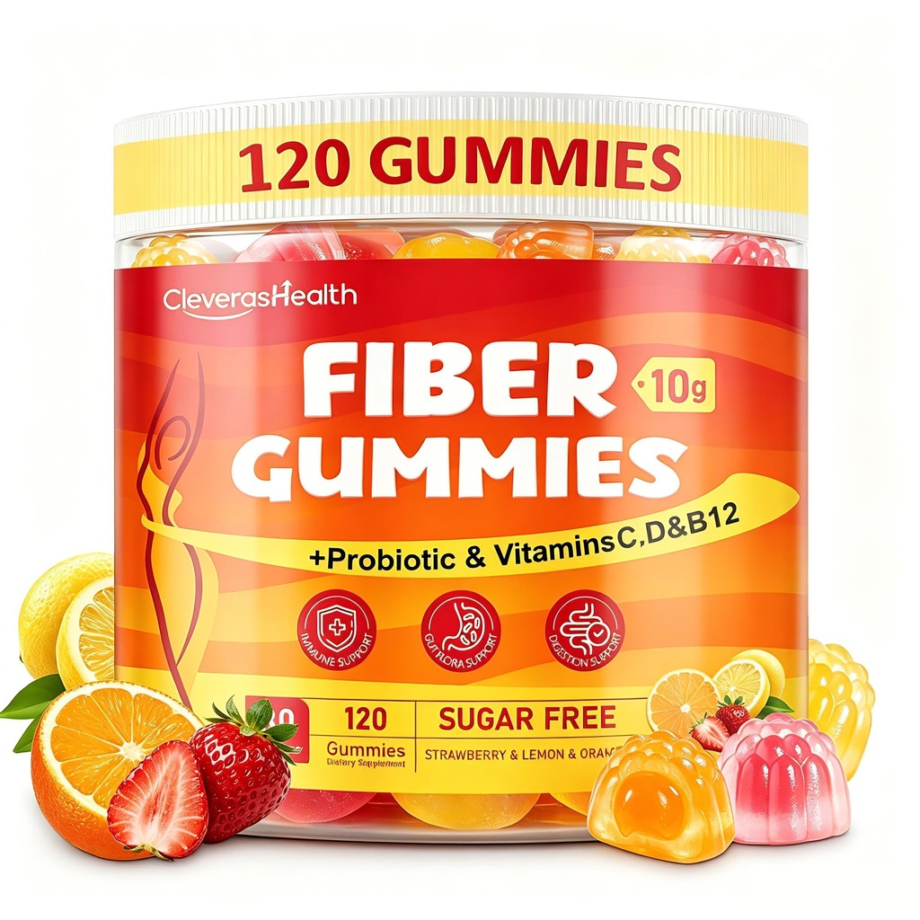 10G Fiber Gummies for Adults with 30 Billion CFU Probiotics,Vitamins C, D, B12,Electrolytes - Supports Digestive Health & Relieves Constipation and Bloating,Sugar Free - 120 Count