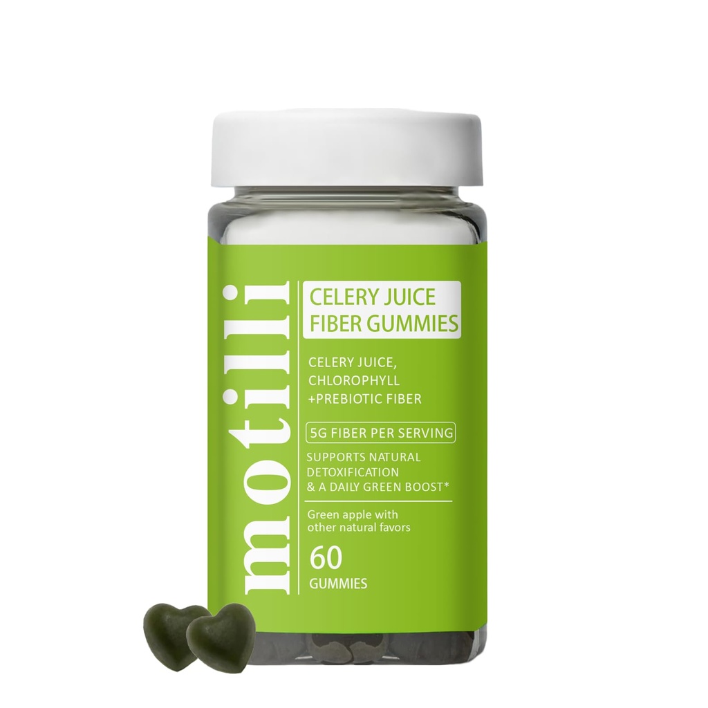 Motilli Celery Juice Gummies, Fiber Gummies with Celery Juice, Support Gut Health, Chlorophyll & Prebiotic Fiber, 60 Count(1PC)