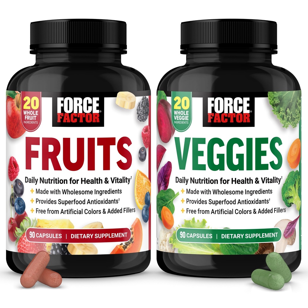 Force Factor Fruits & Veggies, Fruit & Vegetables Supplements for Adults with Superfood Antioxidants, 20 Whole Food Ingredients Each, No Added Fillers, 2-Pack, 90 Capsules Each