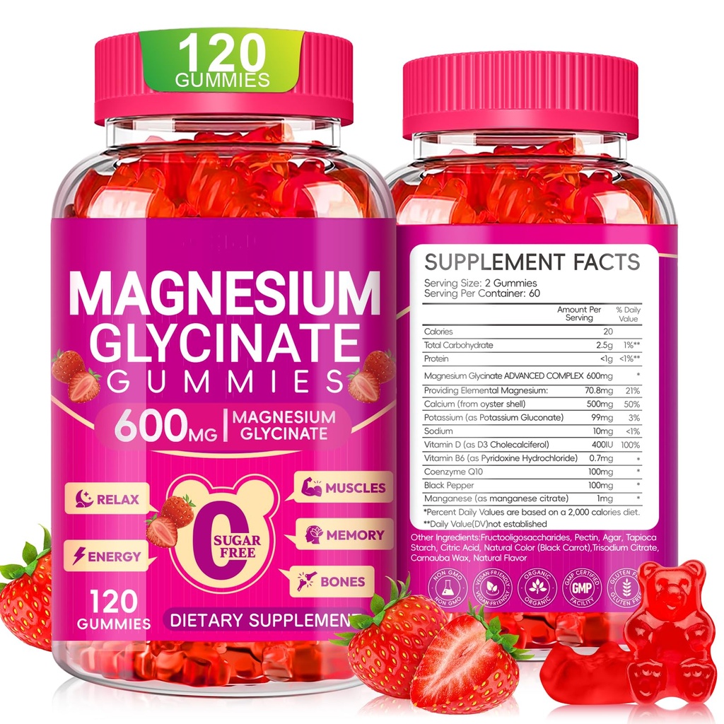Magnesium Glycinate Gummies 600mg, Chewable Sugar Free Potassium Magnesium Gummies with Magnesium Glycinate, Vitamin D, B6, and CoQ10 for Zzz, Relaxation, Brain and Muscle, 60 Days Supply