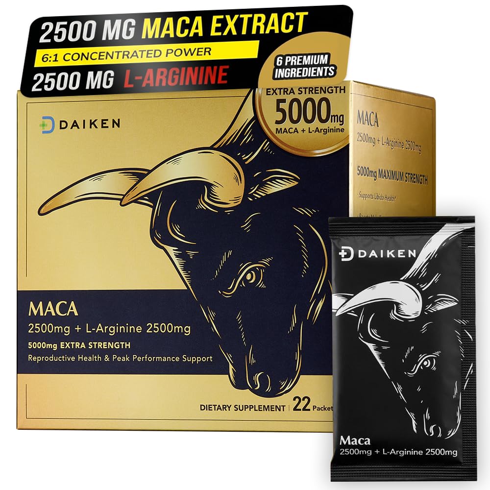 DAIKEN Extra Strength Maca Root & L-Arginine (5,000mg) - High Potency 6:1 Extract (2,500mg Maca + 2,500mg L-Arginine) - Gelatinized Black, Red, Yellow Blend for Men and Women - Vegan, 22 Packets