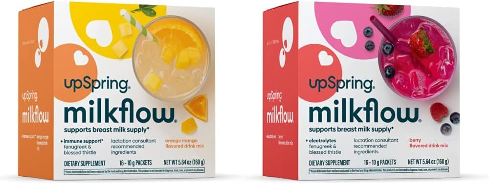UpSpring Milkflow Electrolyte Breesting Supplement Drink Mix z kozieradką 124; Berry and Orange Mango Flavor 124; Lactation Supplement to Promote Healthy Breast Milk Supply & Restore Electrolytes *