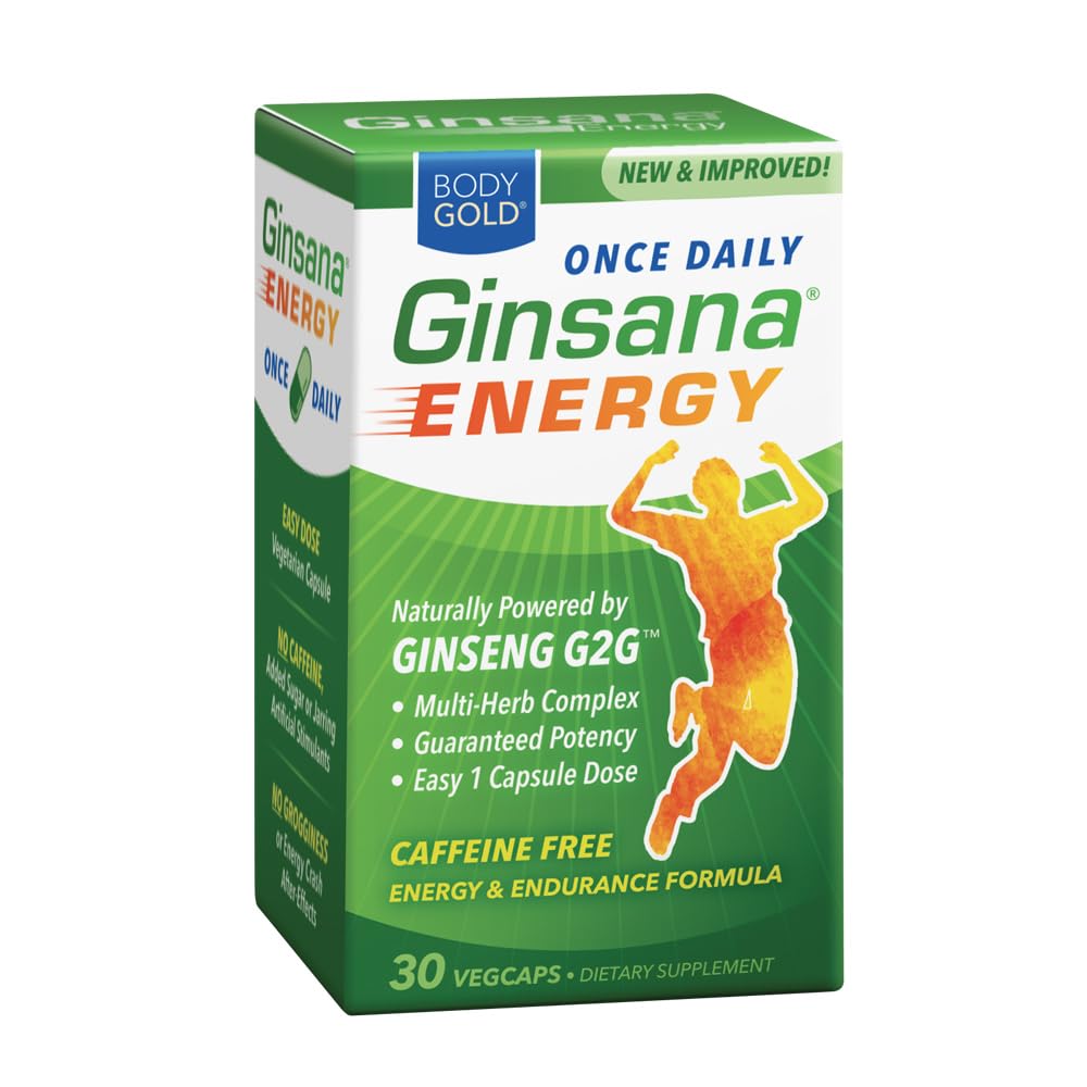 Body Gold Ginsana Energy, Once Daily | Panax Ginseng Extract w/Energizing Herbal Blend for Focus & Endurance | No Caffeine | 30 VegCap