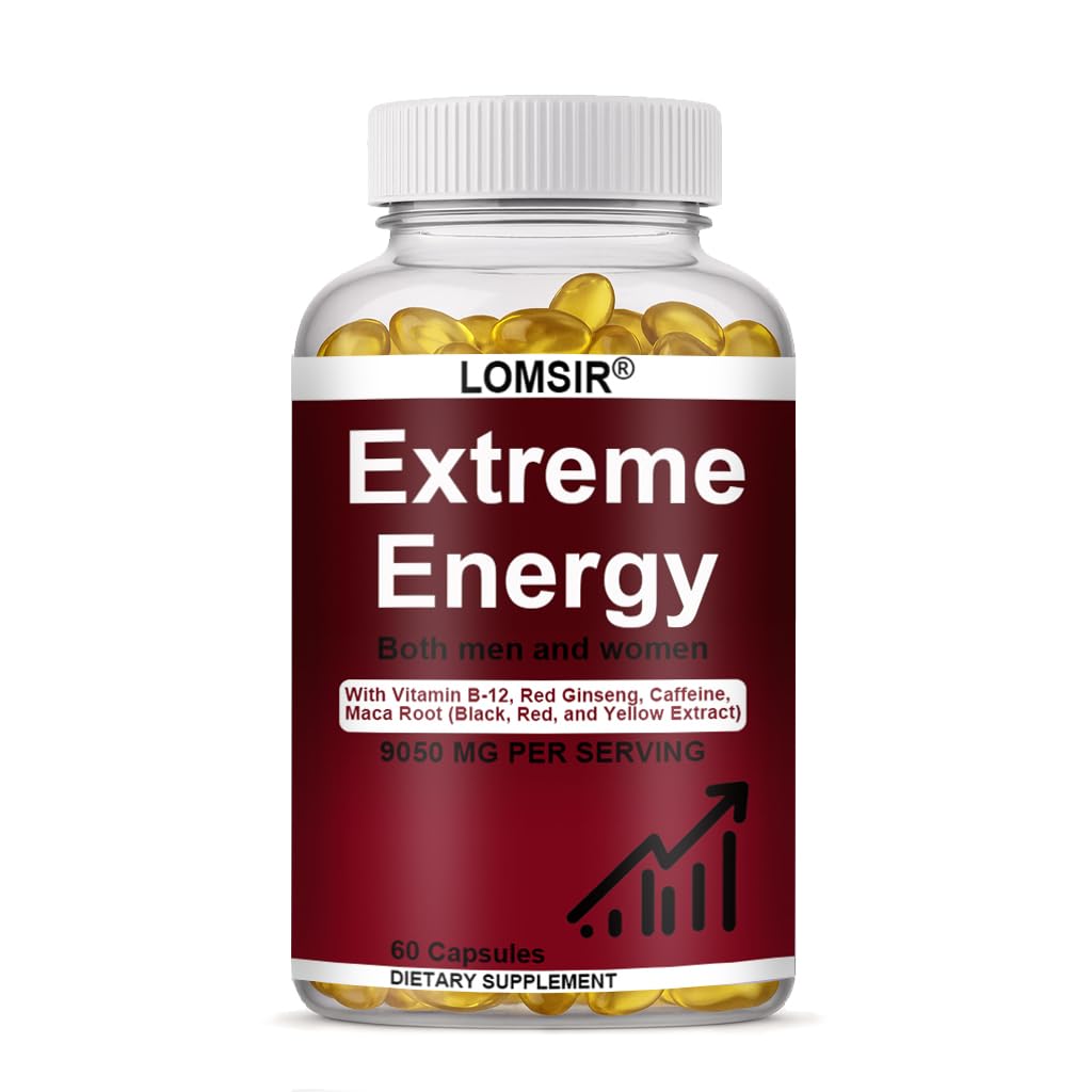 Extreme Energy Capsules - Energy Supplement with Red Ginseng, Maca and Saw Palmetto & Vitamin B12 - Everyday Energy Support for Men and Women - 60 Softgels