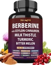 Berberine with Ceylon Cinnamon Supplement, Milk Thistle, Turmeric Bitter Melon for Digestion, Immunity & Entire Body Wellness. Organic Complex for Men & Women, Non-GMO, Gluten-Free, Vegan, USA