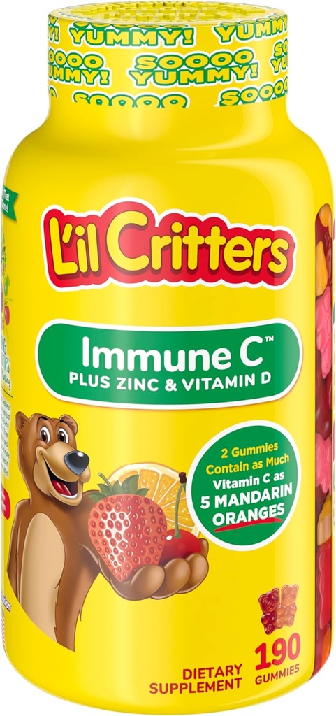 L'il Critters Immune C Daily Gummy Add Vitamin for Kids, Immune Support, Orange, Limon, Strawberry və Cherry Flavors, 190 Gummies (Paket May Vary)