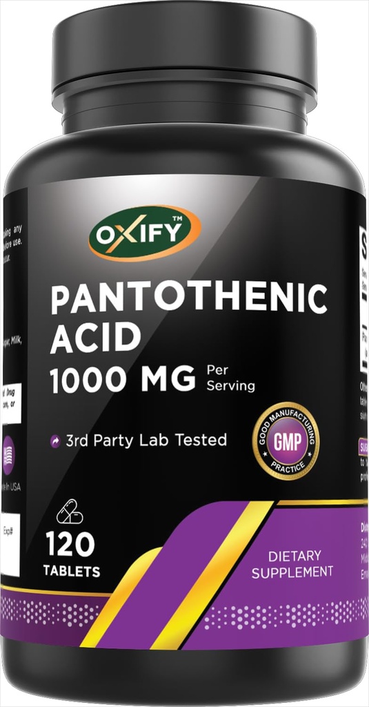 Oxify Panthothenic Acid 1000 mg |120 Tablets | Gluten-Free, Non-GMO | Supplement Made in USA
