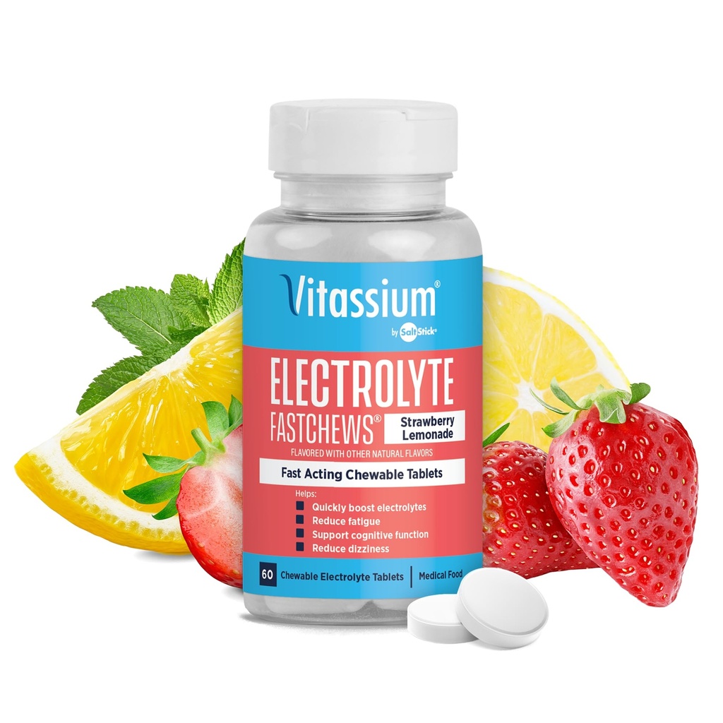 Vitassium FastChews, Chewable Electrolyte Tablets for Management of POTS and High Sodium Diets, Fast-Acting Sodium Tablets, Strawberry Lemonade, 60 Count