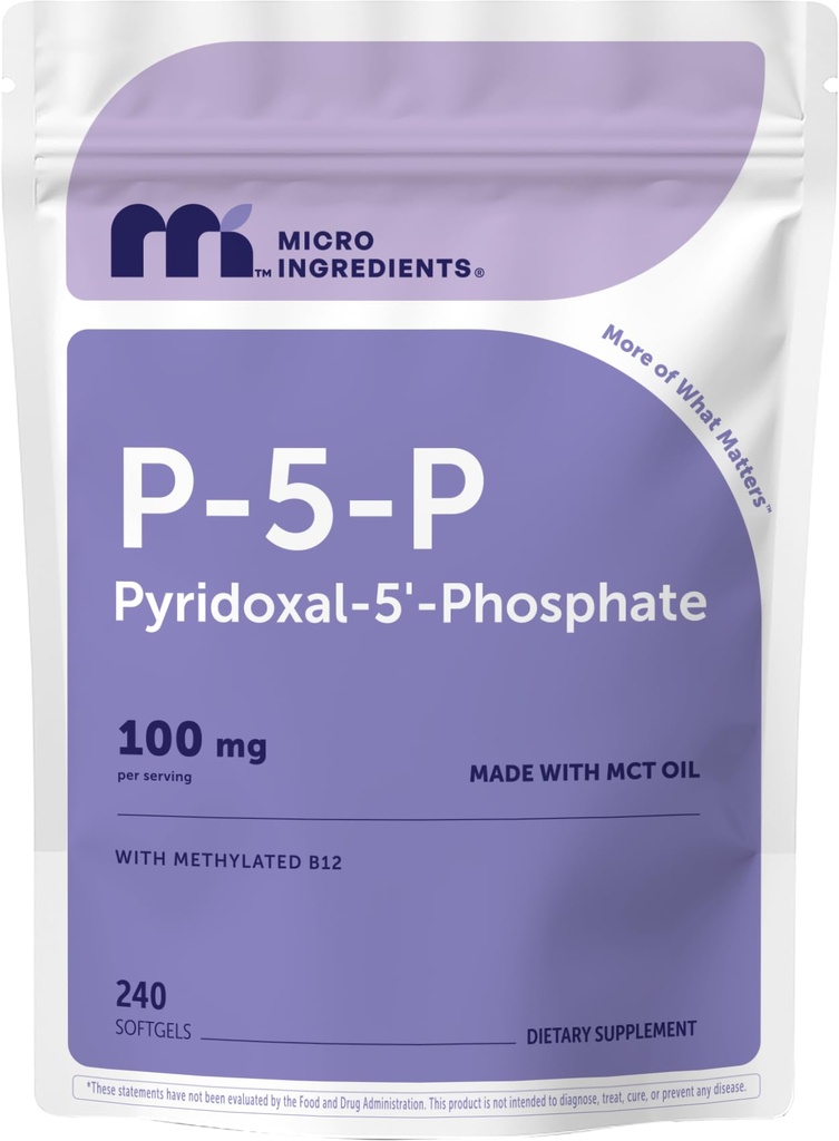 Micro Ingredients P5P Vitamin B6 100mg Per Serving, 240 Softgels | Pyridoxal-5-Phosphate Supplement with Methylated B12 | Made with MCT Oil | 4-Month Supply | Non-GMO, Gluten Free