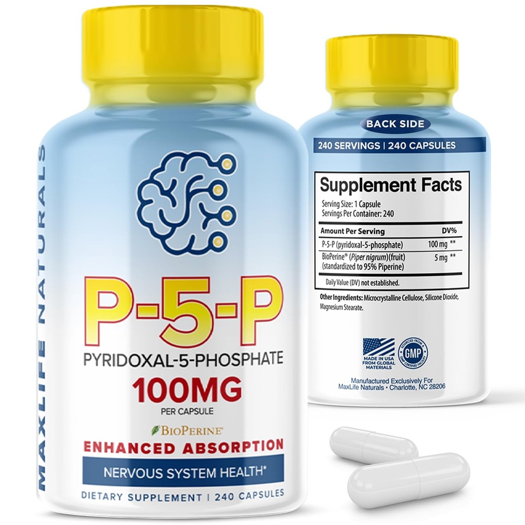 MAXLIFE NATURALS P5P Pyridoxal-5-Phosphate 100 mg | Vitamin B6 Dietary Supplement | 240 Capsules | Vegan, Non-GMO, Gluten-Free