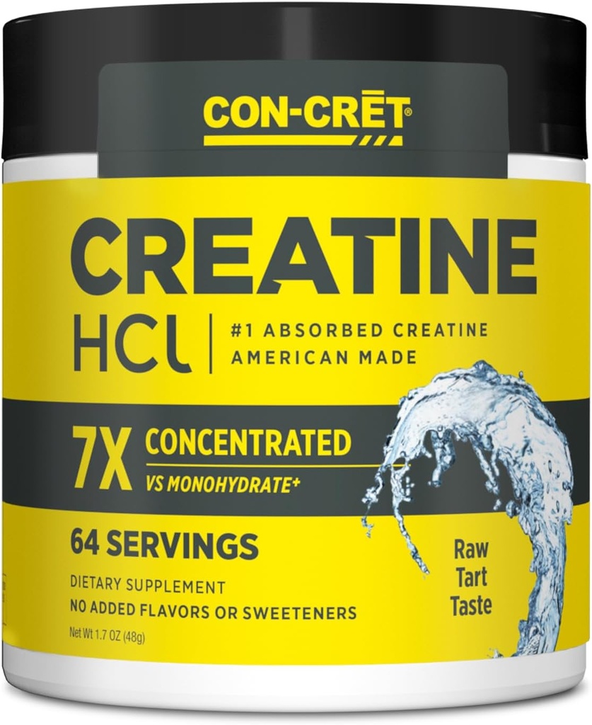 CON- CRET Creatin HCl Pulver • 124; Muskel, Kognitiv, Cellular Energy Support • 124; Ingen Bloating eller Cramps • 124; USA Made & NSF Certified • 124; Ikke flavored (64 Servering)