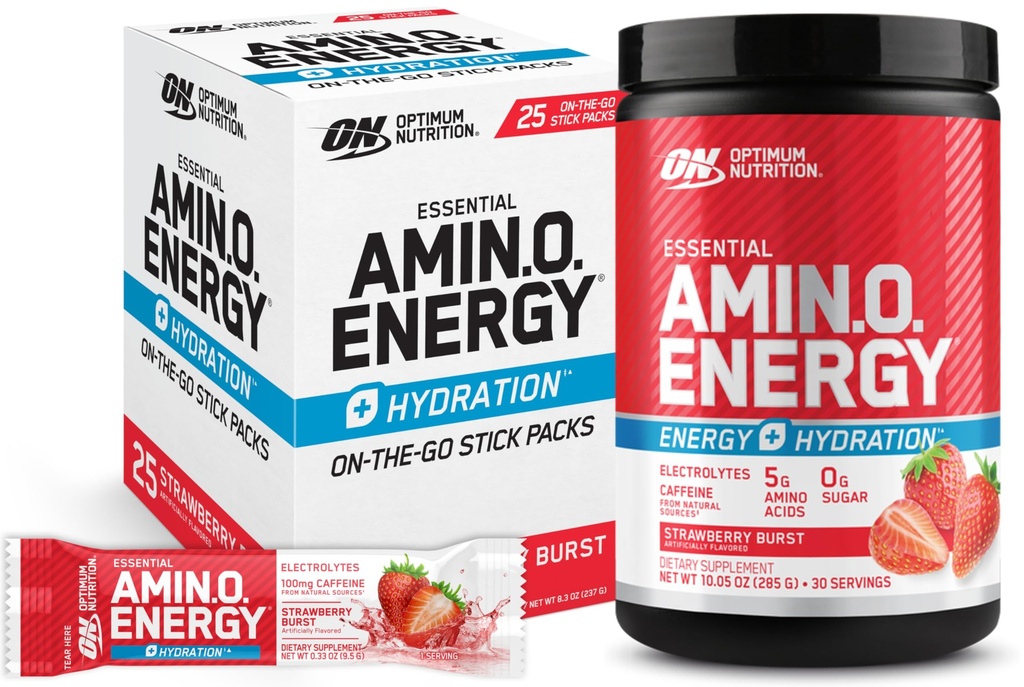 Optimum Nutrition Strawberry Burst Bundle: Amino Energy Powder Plus Hydration with BCAA, Electrolytes and Caffeine, 30 Servings (Packaging May Vary)+Amino Energy On-The-Go Powder Stick Packs, 25 Count