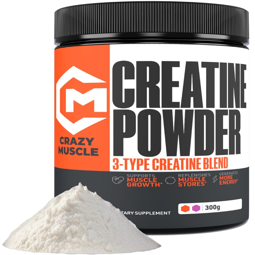 Crazy Muscle Creatine Monohydrate Powder, 5000mg Premium 3X ThreeAtine Pre Workout Mass Gainer, High Absorption Easy to Take Powder Optimum Performance for Men & Women, 60 Servings
