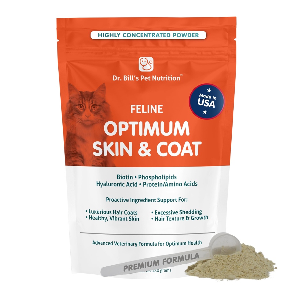 Dr. Bill’s Feline Optimum Skin & Coat Cat Supplement – Omega-3 Fish Oil for Shedding, Hairballs & Itchy Skin – Supports Healthy Fur with Marine Collagen, Biotin & Hyaluronic Acid – Made in USA