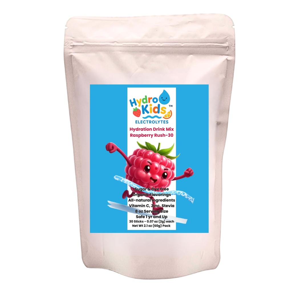 HydroKids Electrolyte Drink Mix, Sugar Free, Organic Flavorings, Vitamin C and Zinc, 30 Single-Serve Sticks, Variety of Flavors (Raspberry Rush)