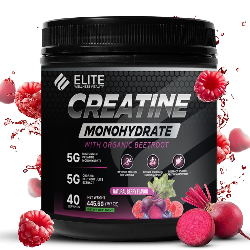Elite Wellness Berry Flavor Creatine Monohydrate with Organic Beetroot Supplement - Supports Muscle Strength, Stamina, Cognitive Function & Athletic Performance, Gluten & Dairy Free, NSF Qualified