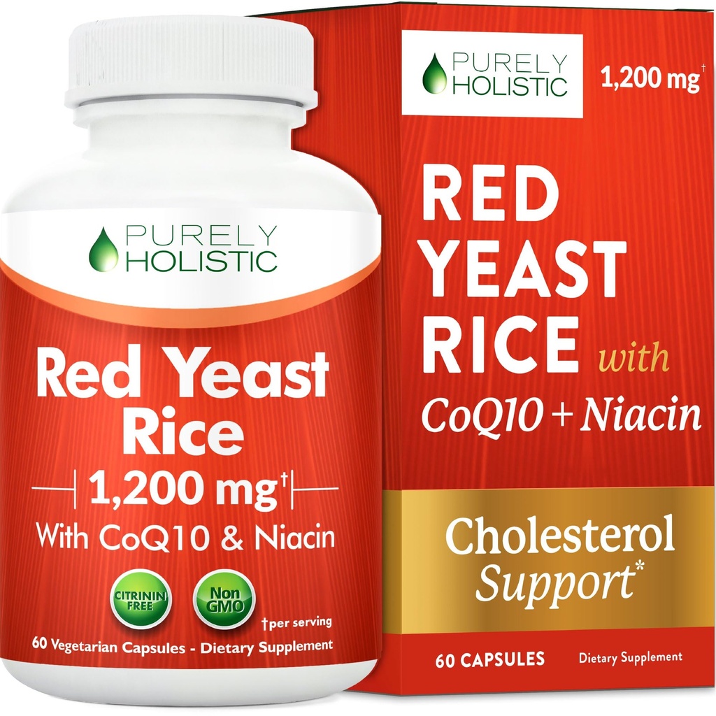 Red Yeast Rice with CoQ10 Supplement | Healthy Cholesterol Levels & Heart Health Support | Extra Strength Red Yeast Rice 1200 MG (600 MG Per Capsule) with Monakolin K | No Citrinin, Non-GMO | 60 Ct