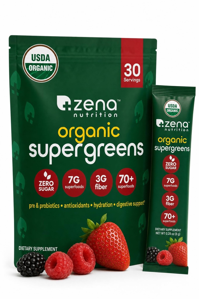 Zena Nutrition Organic Super Greens Powder, 70+ Superfoods, 0 Sugar, 3g Fiber, Spirulina, Chlorella, Mushrooms, Prebiotics/Probiotics, Digestive Enzymes, Gut Health, Mixed Berry, 30 Drink Mix Packets