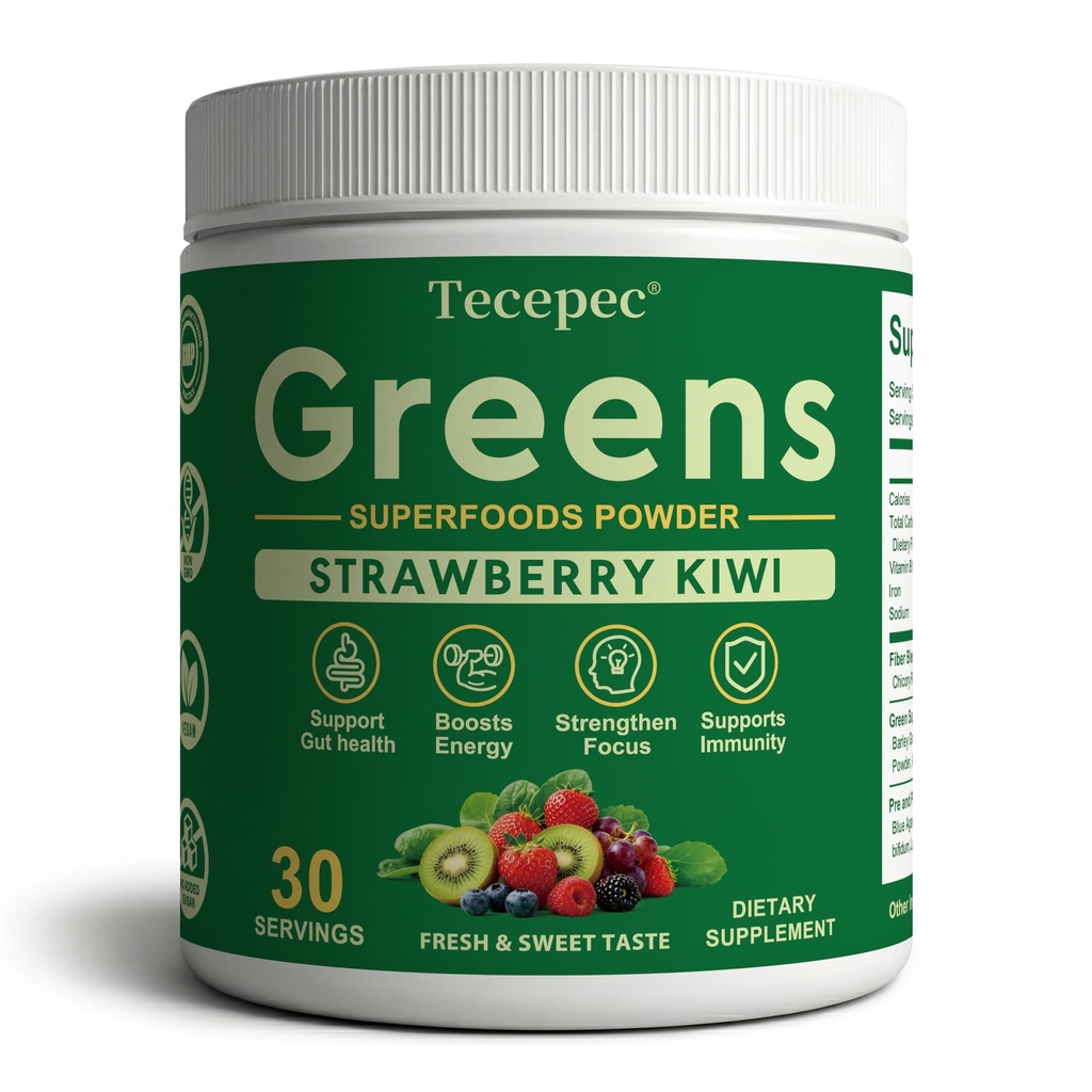 Super Greens Powder Superfood, Greens Juice Drink Mix with Spirulina, Chlorella, Adaptogens & Fiber, Digestive Enzymes, Pre + Probiotics Supplement for Women & Men Bloating & Gut Health, 30 Servings
