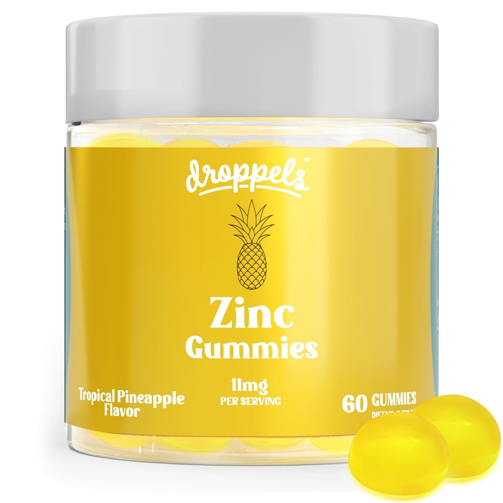 Droppels Zinc Citrate Gummies 11mg – Immune Support & Skin Health Supplement | Vegan, Plant-Based, Gluten Free, Gelatin Free, Non-GMO | Tropical Pineapple Chewable Zinc for Adults, 60 Count