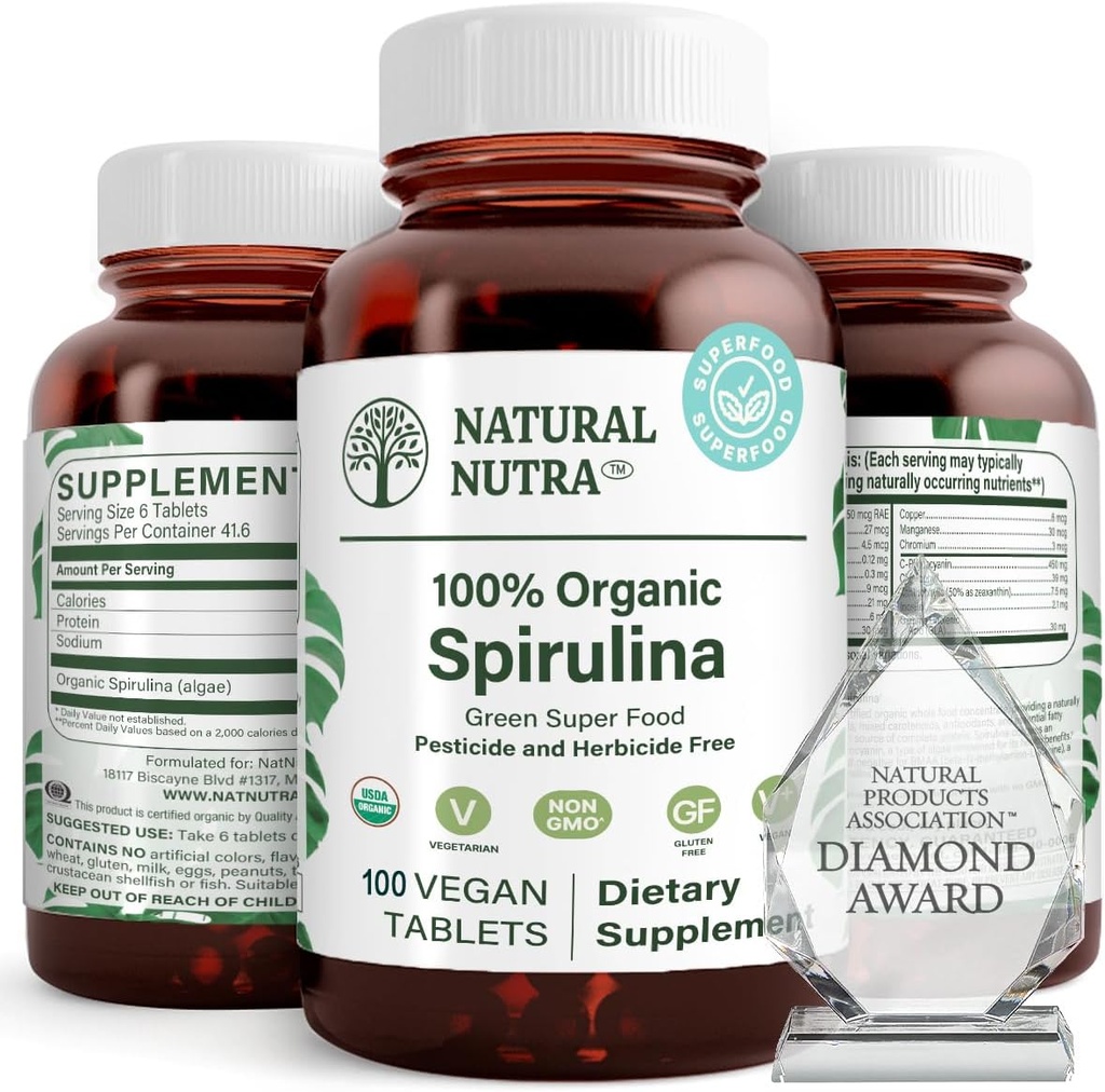 Натуральна Nutra 100% USDA Organic Spirulina Таблетки, Допомагає підтримувати жири тіла, Сприяє здоров'ю печінки, Сприяє імунній системі, Допомагає покращити метаболізм, сприяє імунітету, 300mg, 100 Vegan таблеток