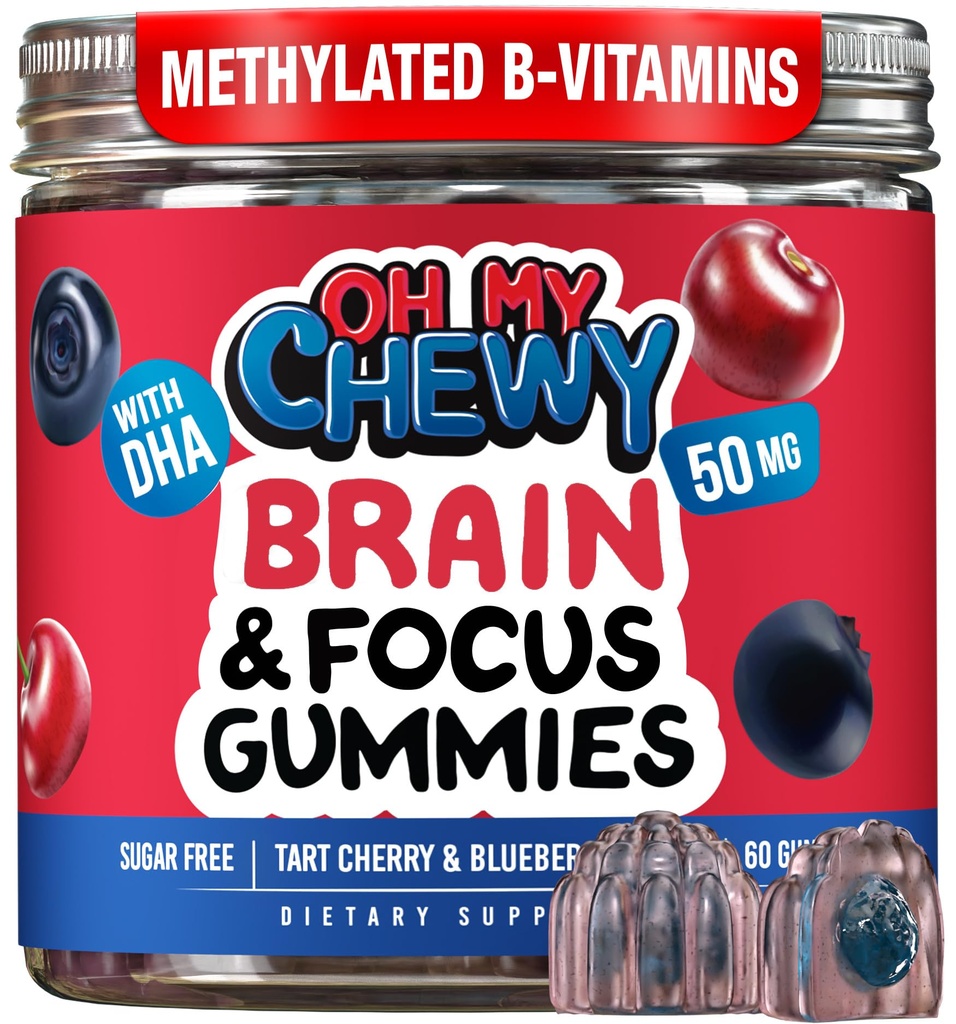 OH MY CHEWY Brain and Focus Gummies for Kids & Teens Support - Center-Filled and Sugar Free Memory and Cognition Supplements with DHA, Methylated B Vitamins, Folate, Zinc and L-Theanine - 60 Count