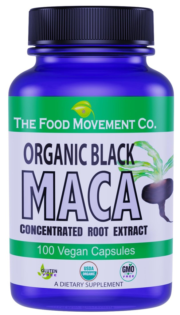 THE FOOD MOVEMENT CO. Black Maca 500mg 60 Capsules - Organic, Non-GMO, Vegan, Gluten Free- Black Maca Root Supplement for Whole Body Wellness