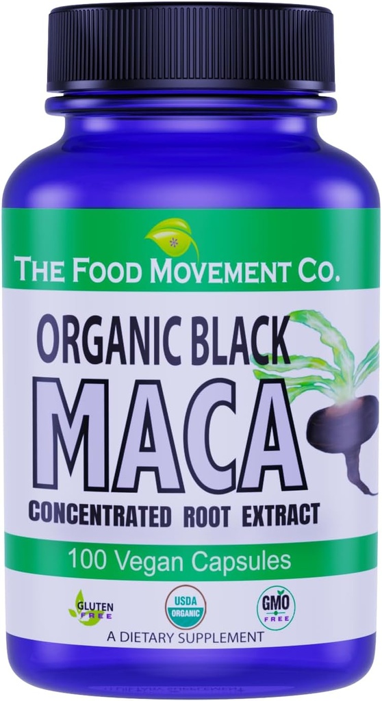 The FOOD MOVEMENT CO. Black Maca 500mg 60 kapsulak - Organikoa, Ez-GMO, Vegan, Gluten Free-Black Maca Root gehigarria gorputz osorako Wellness