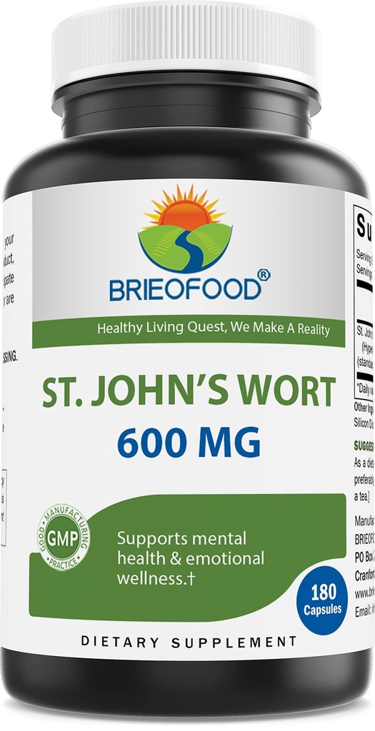 Brieofood St. John's Wort (Hypericum perforatum) 600 mg per Serving - 0.3% Standardized Extract - 180 Capsules - Promotes Positive Mood