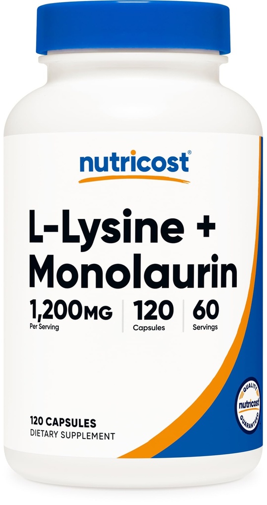 Nutricost L-Lysine + Monolaurin (1,200mg) 120 Capsules - L-Lysine HCI, Vegan, GMO-Free, Gluten-Free, 60 Servings