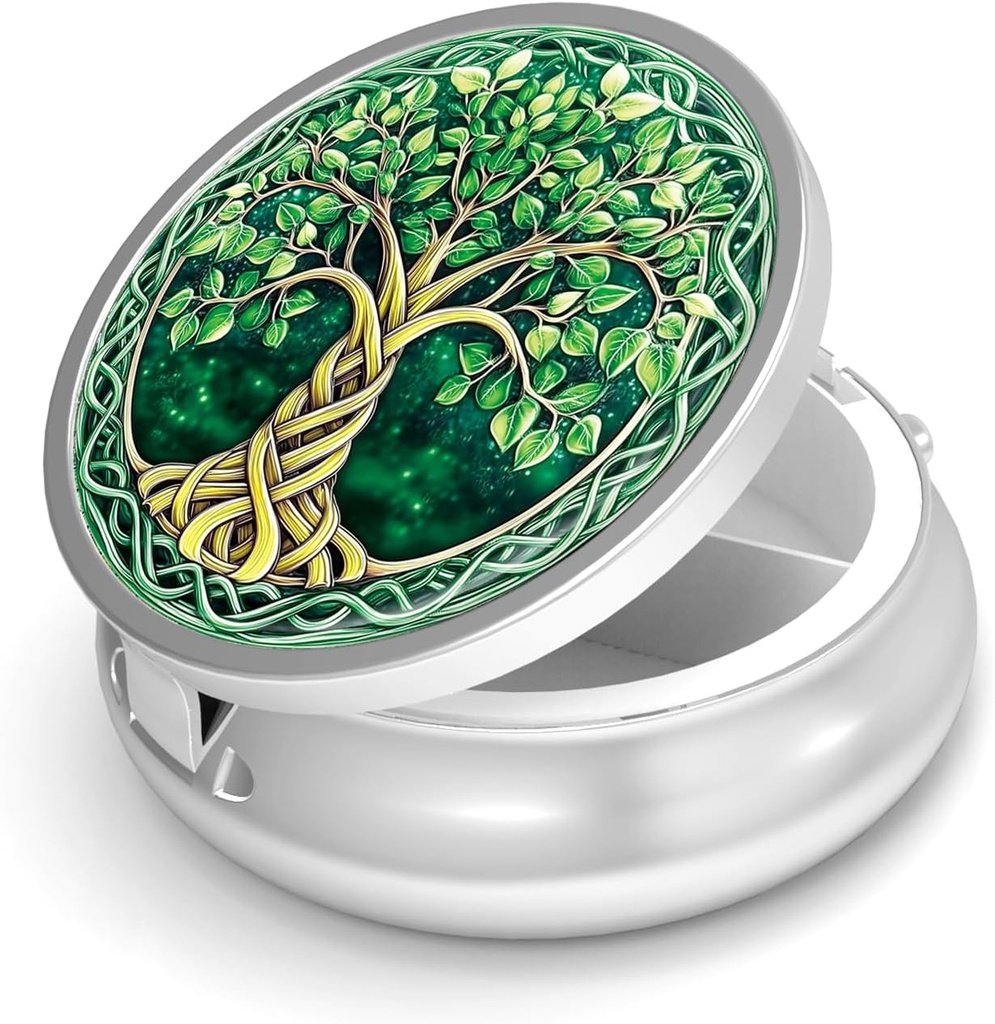 Pill Box-3 Compartment Small Pill Case for Purse & Pocket Mini Metal Pill Holder Travel Pill Container to Hold Supplements Vitamins BPA-Free (Tree of Life)