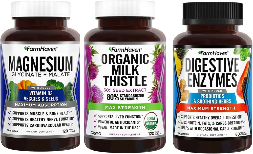 FarmHaven Magnesium Glycinate & Malate + Milk Thistle + Digetical Enzymes with Progories