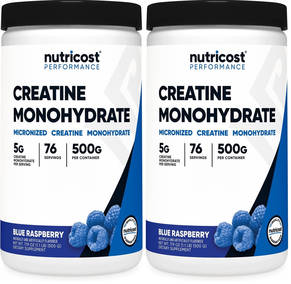 Nutricost Creatine Monohydrate Powder (Blue Raspberry), 500 Grams (1.1 LBS) (Pack of 2)