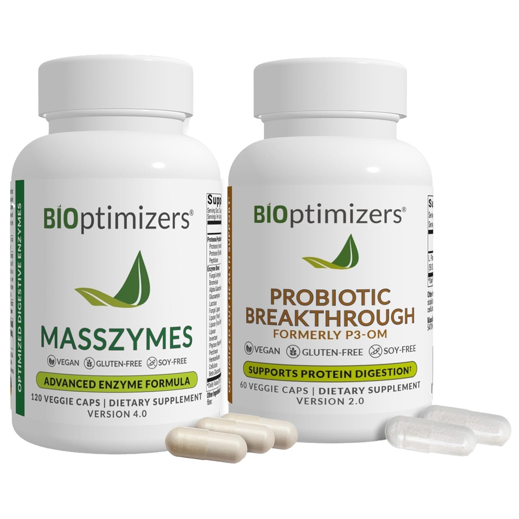BIOptimizers MassZymes Digestive Enzymes - Probiotic Breakthrough Bundle – Gut Health & Bloating Relief – Prebiotic & Enzyme Support for Digestion, Energy, Health & Recovery – 180 Vegan Capsules