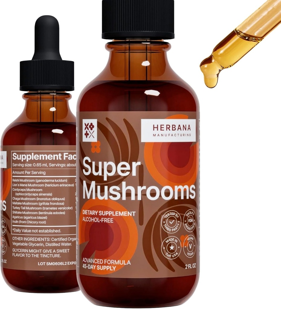 Super Mushrooms 8-in1 - 2 fl oz екстракт рідини - Brain Booster & Immune Підтримка Drops - Reishi, Lion`s Mane, Cordyceps, Chaga, Mitake, Туреччина Tails, Shiitake, Agaricus - Висока потенції - 45-денний постачання
