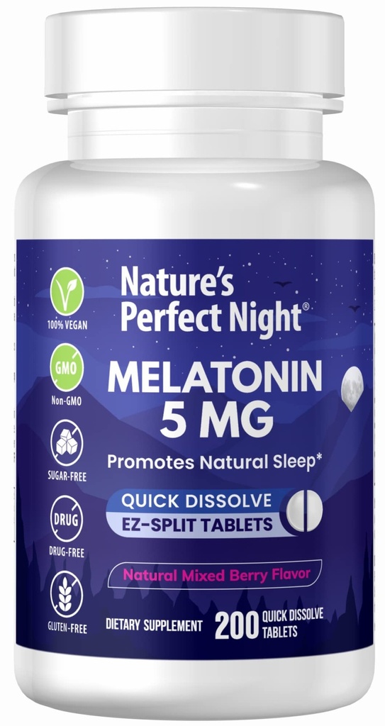 Nature's Perfect Night | Melatonin 5mg | 200 Quick Dissolve Tablets | Natural Mixed Berry Flavor |Preferred Potency | Sugar Free | Vegan | Gluten Free | Value Size