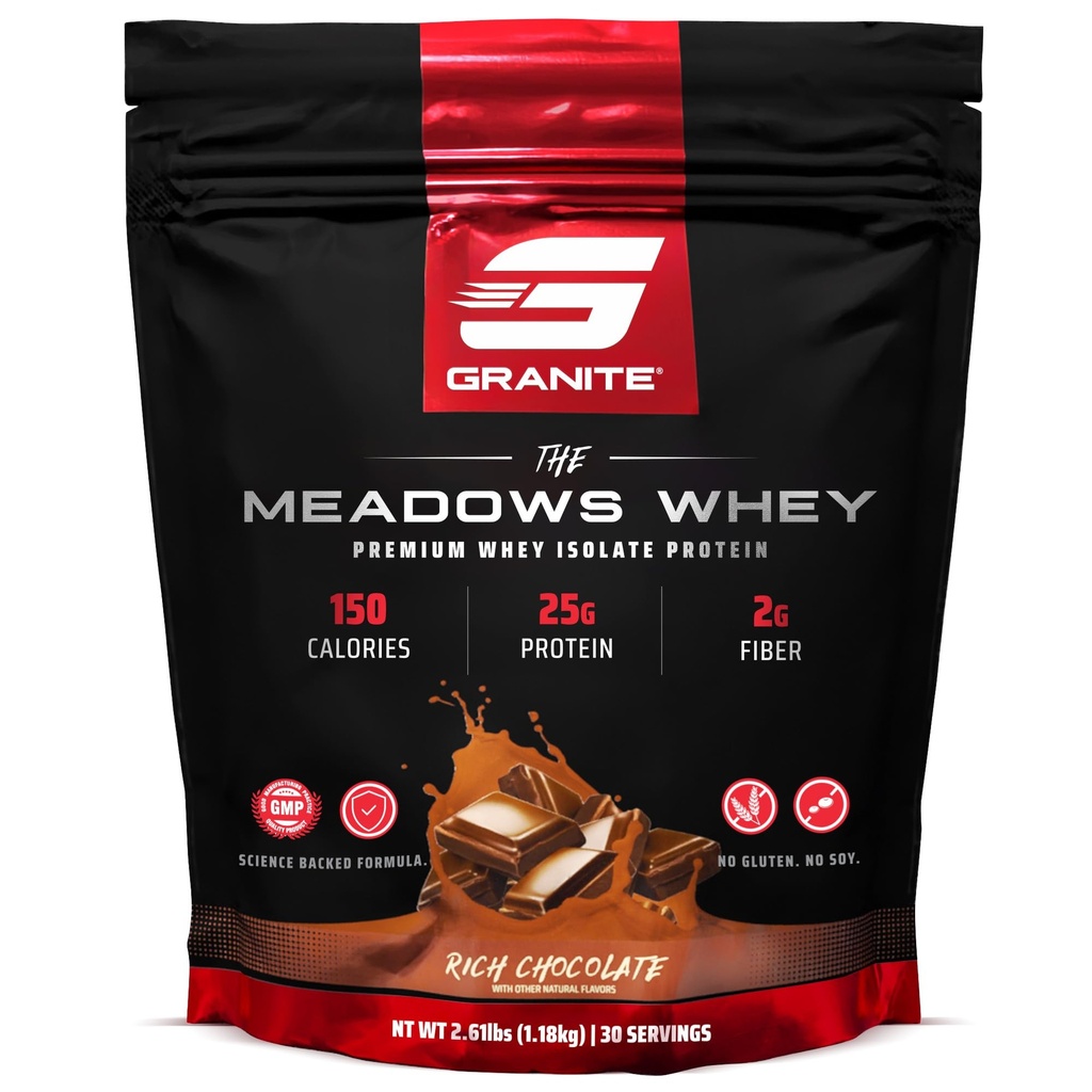 Granite Supplements The Meadows Whey Protein Isolate Protein Powder for Lean Muscle with 150 Calories, 2g Fiber, 1g Sugar (30 Servings), Rich Chocolate Flavor