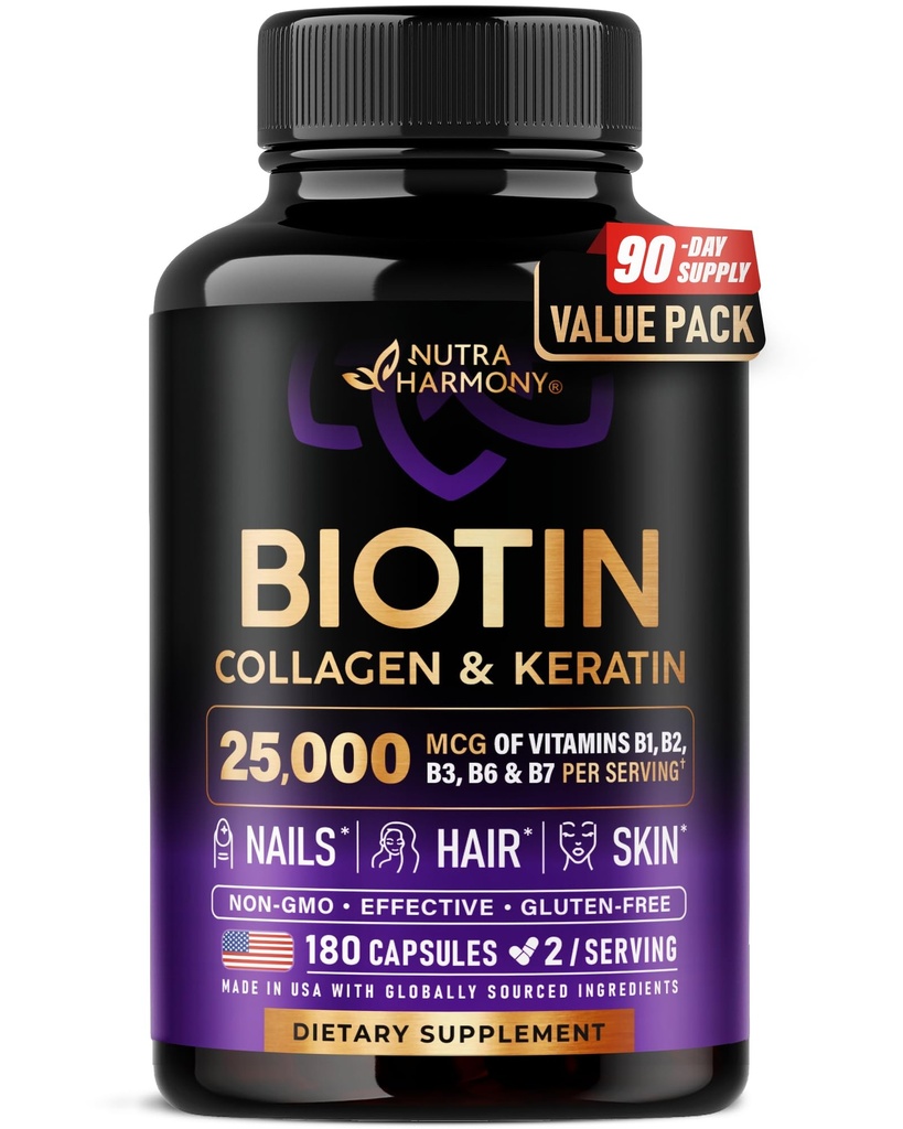 Biotin | Collagen | Hyaluronic Acid | Keratin - Support Normal Hair Growth Cycle, Skin & Nails - Clinically Tested - 25000mcg Vitamins B1, B2, B3, B6 & B7 - for Women & Men - 180 Capsules